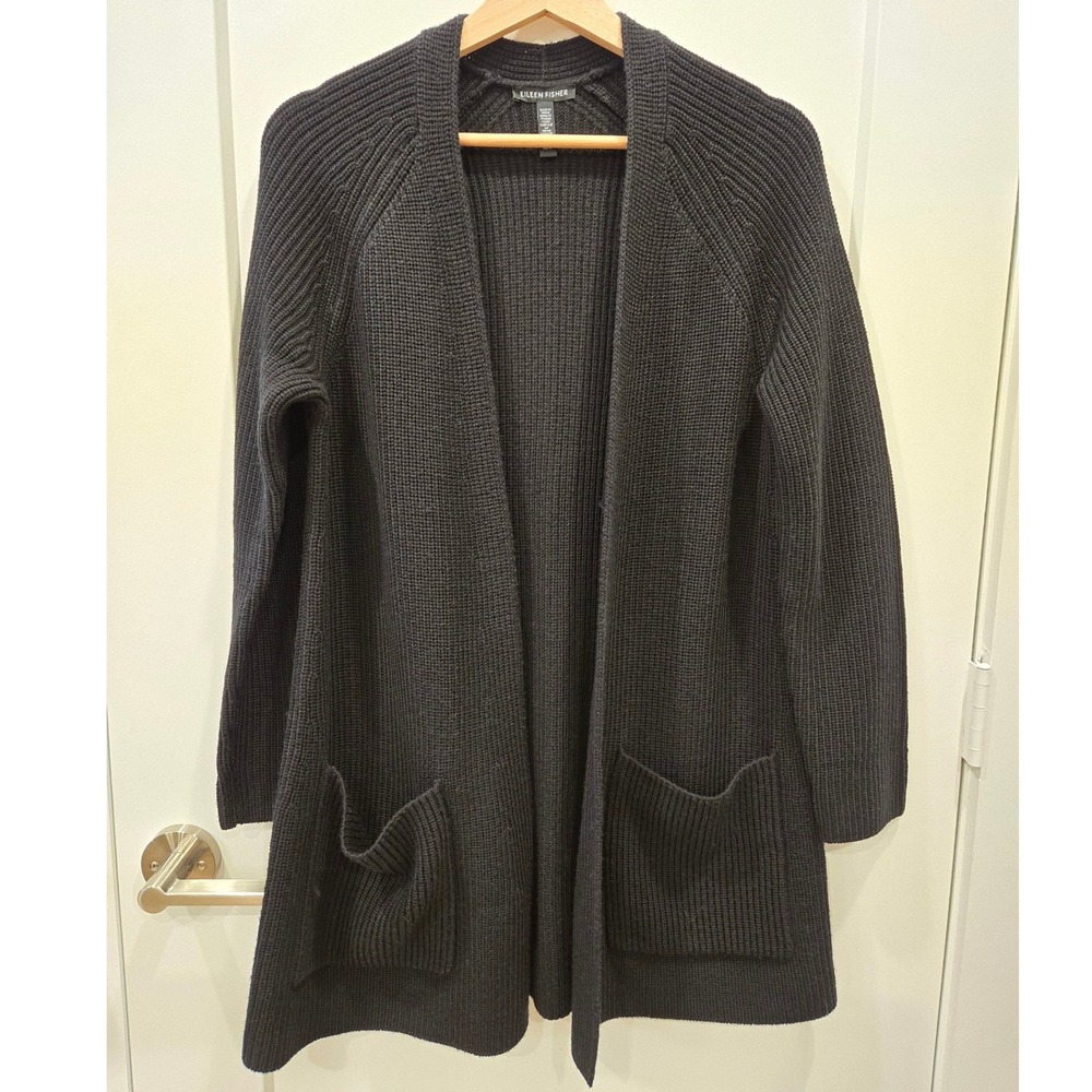 Eileen Fisher Black Extra Fine Merino Wool Ribbed Open Front Cardigan XS - Picture 1 of 7
